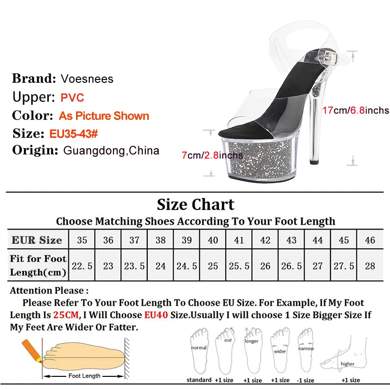 Europe and America Large Size High Heel Sandals 17CM Party Shoes Woman Glitter Clear Platform Summer Transparent PVC Sexy Heels