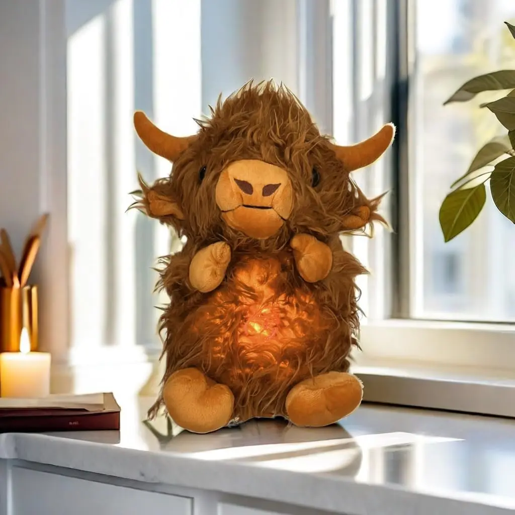 Soothing Snuggle Cute Highland Cow Stuffed,Soothing Breathing,Sleeping Cow Plush Toy with Breathing Action and Lighted Music