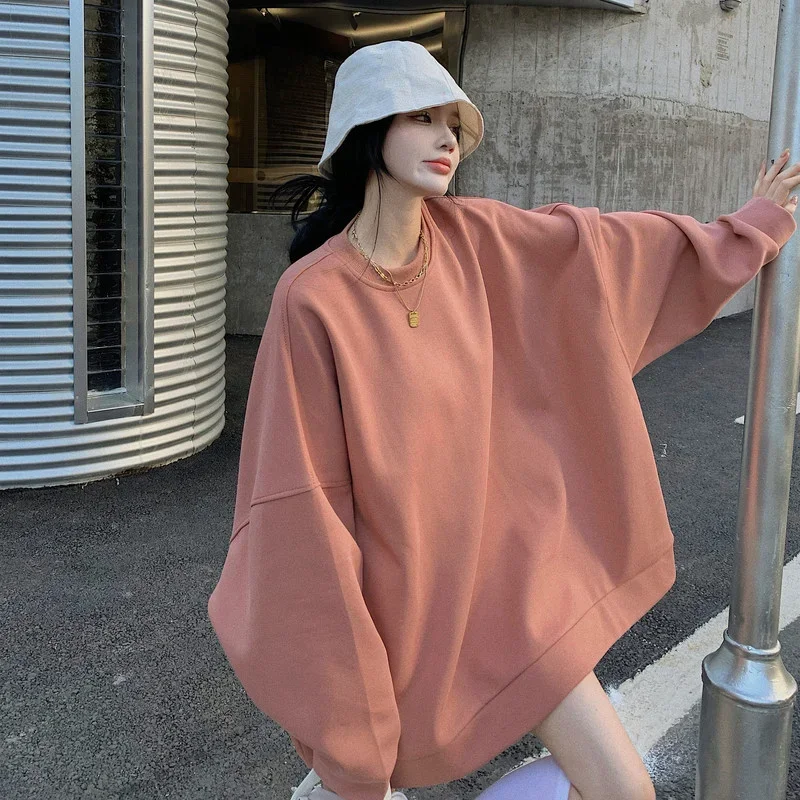 Sweatshirt  2024 Ladies Streetwear Harajuku Sweatshirt Long Sleeve Korean Clothing Oversized Solid Color Round Neck Pullover
