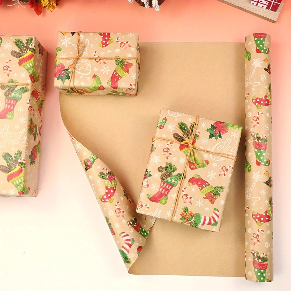 1 롤 크리스마스 포장지 선물 포장지-17인치 x 9.8피트 크래프트 종이, 크리스마스, 파티용 눈 디자인의 왕관과 부츠
