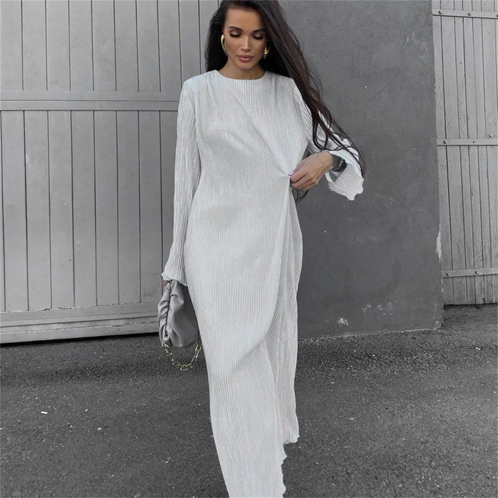 

Women Causal Pleated Dresses Spring Loose Grey O-Neck Long Sleeve Dress Female Ankle-Length Long Elegant Simple Streetwear