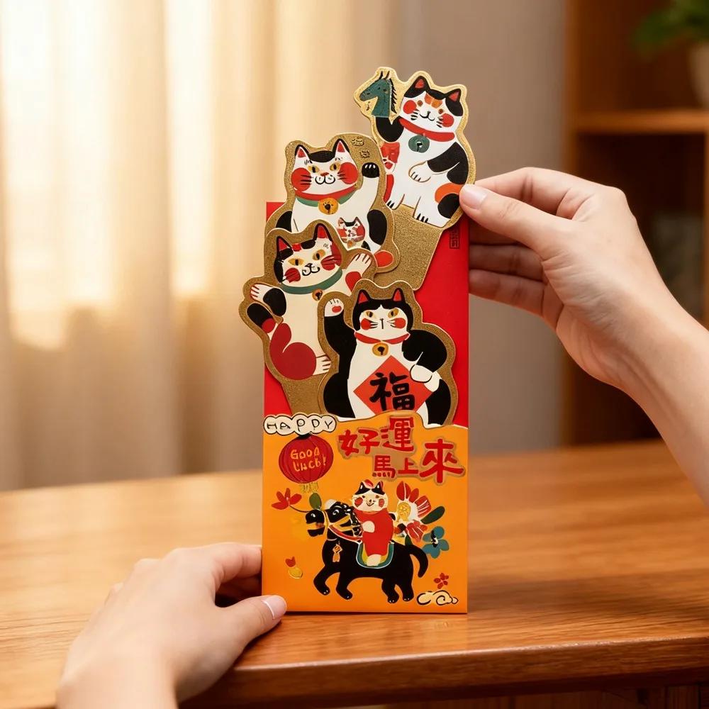 3pcs Cartoon Pattern Pull-out Red Envelope Hot Stamping Solid Chinese New Year Lucky Money Bag Blessings Printing