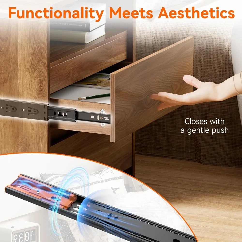 Modern Nightstand with Hidden Drawers, Charging Station, Walnut Finish for Bedroom Living Room