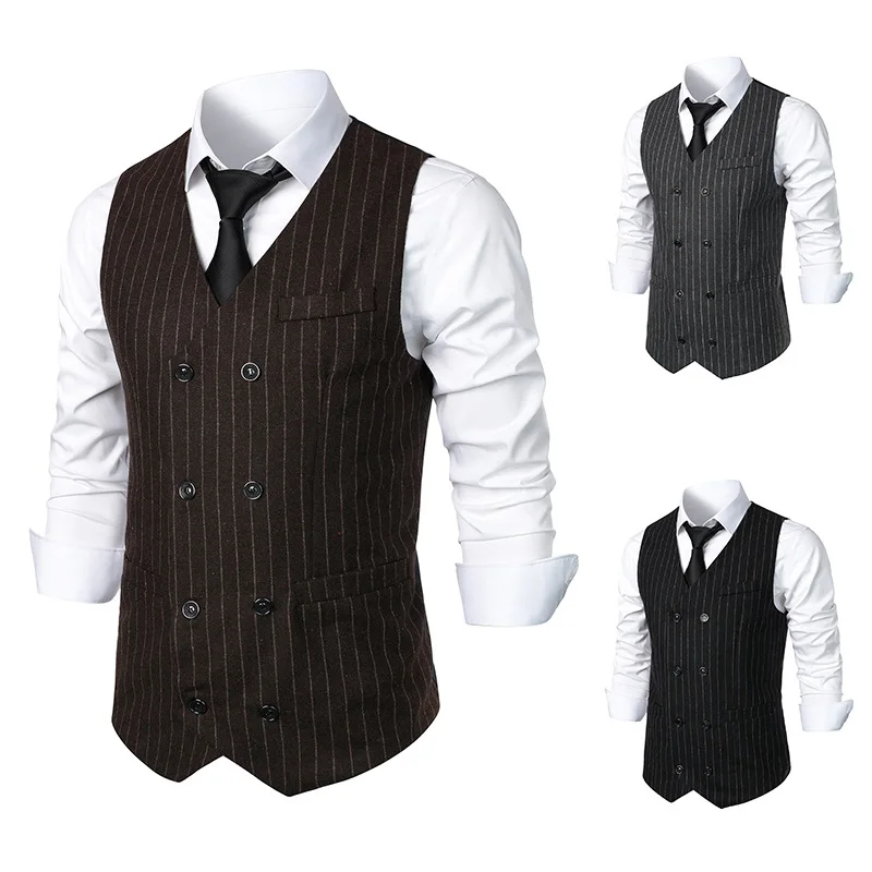 New Men's Fashion Suit Vest Trend Stripes Medieval Retro Vest Double-Breasted Male Waistcoat Wear