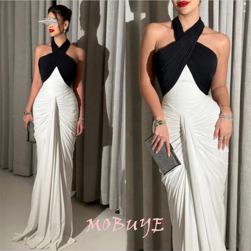 

MOBUYE 2024 Popular Halter Neckline Prom Dress Floor-Length With Sleeveless Evening Fashion Elegant Party Dress For Women