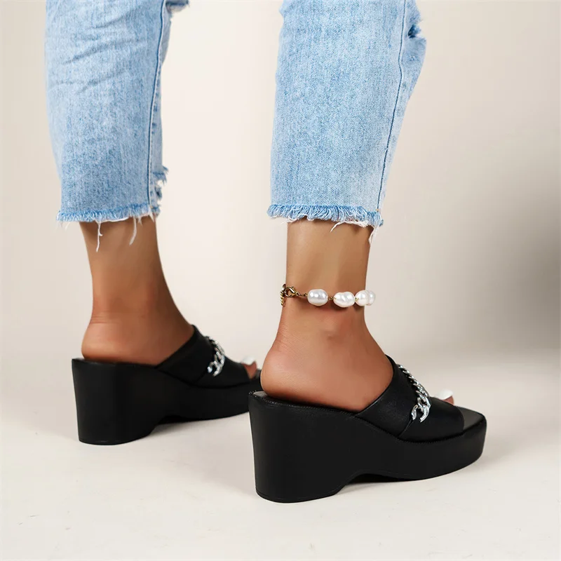 Women Shoes 2023 New Spring Autumn Open Toe Sandals Casual Beach Slides Designer Slippers Chain Flip Flops