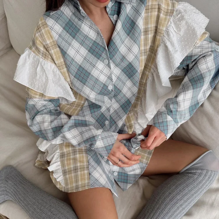 Ruffled Fashion Patchwork Shirts Women's Long Sleeve Lapel Cardigan Striped Contrast Clothes For Women Summer Shirts Coat