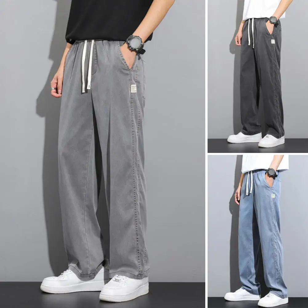 Men Pants Wide Leg Straight Thin Side Pockets Drawstring Elastic Waist Solid Color Gym Traning Jogging Sweatpants Long Trousers