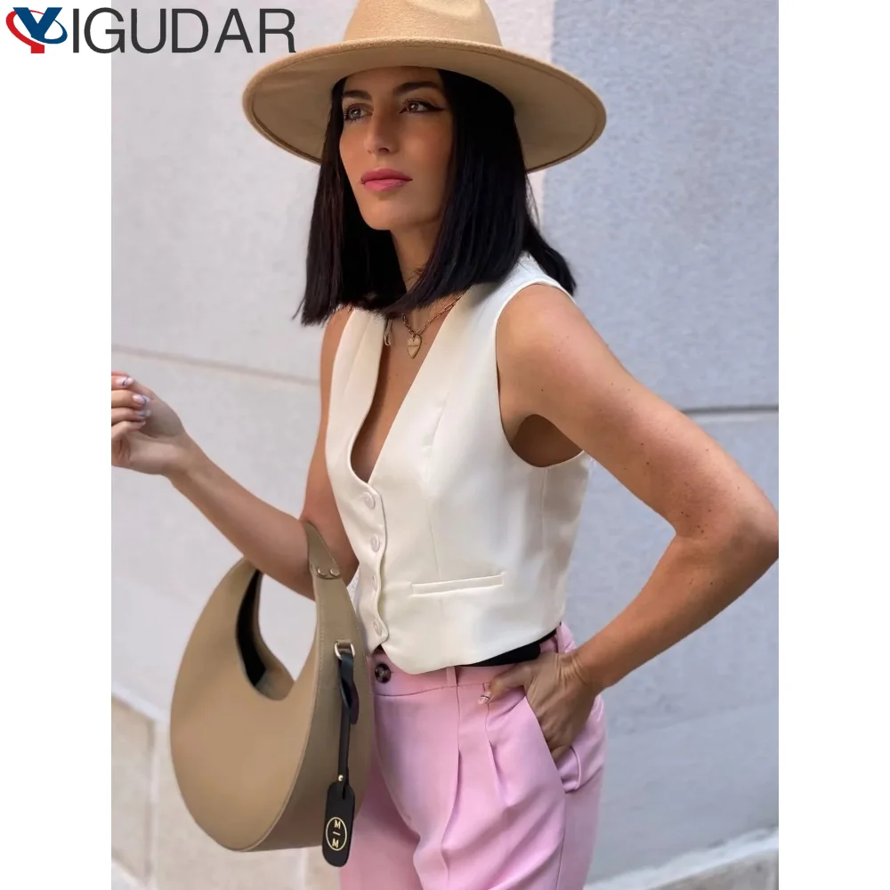 

Spring Women Solid Casual Waistcoat Single Breasted V Neck Slim Cropped Vest Elegant Female Outerwear Chic Tops korean fashion