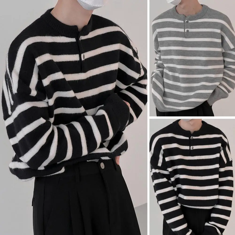 

Men Winter Striped Print Sweater Buttons Neckline Knitted Pullover O-neck Long Sleeve Warm Jumper Streetwear Fashion Male Tops