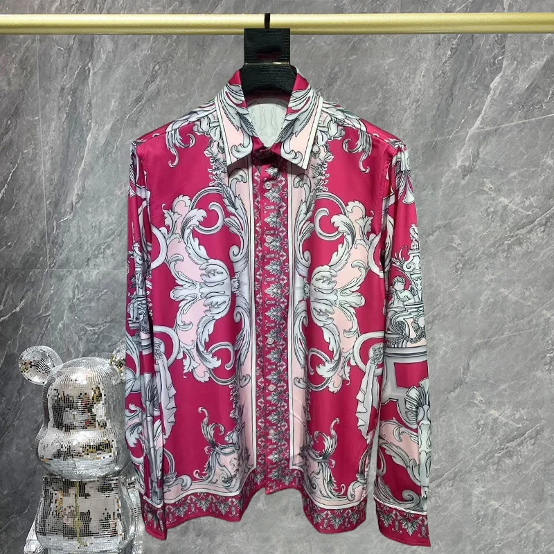 

Роскошная мужская рубашка, Высококачественная рубашка в стиле ретро, приталенная рубашка с контрастным цветным принтом, Мужская Уличная одежда, мужская рубашка