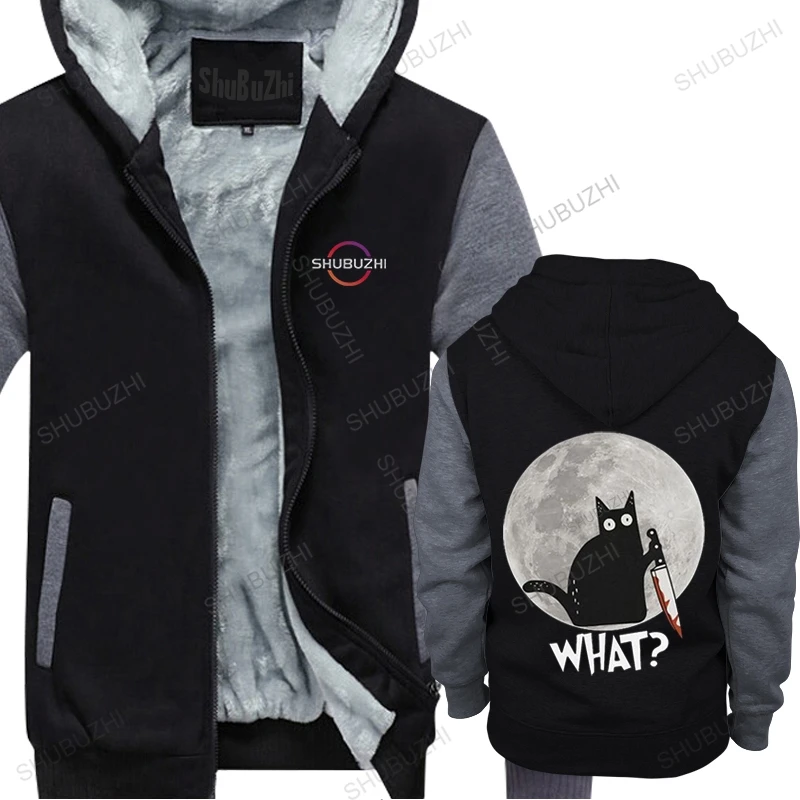 

Fashion What Cat Full Moon fleece pullover Men Funny Halloween Black hooded coat Murderous Cat With Knife hoodie Graphic