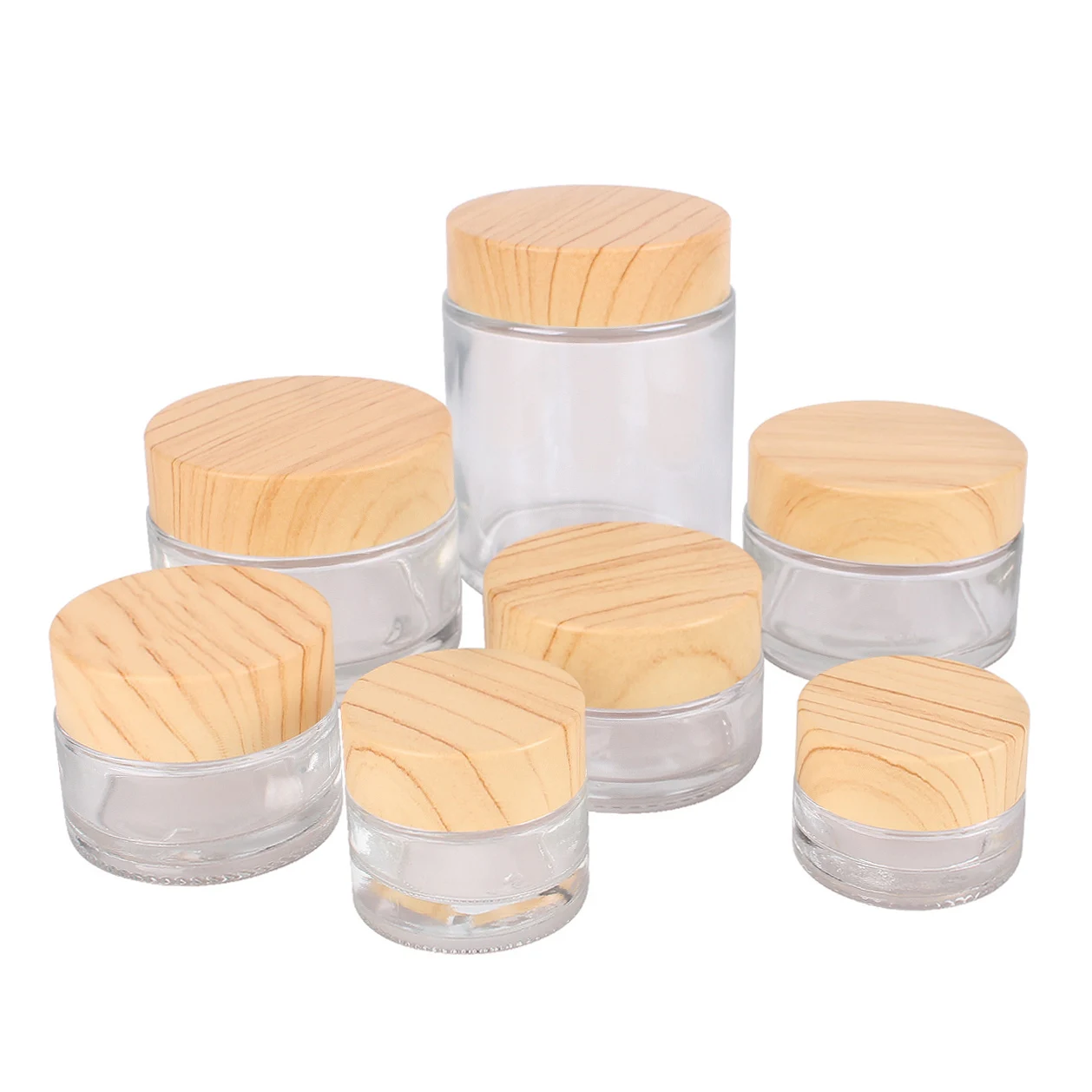 

6pcs/12pcs 5/10/15/20/30/50/100g Tranparents Glass Cream Bottle with Wood Grain Plastic Lid for Eyeshadow Cream Lip Balm 7 Sizes