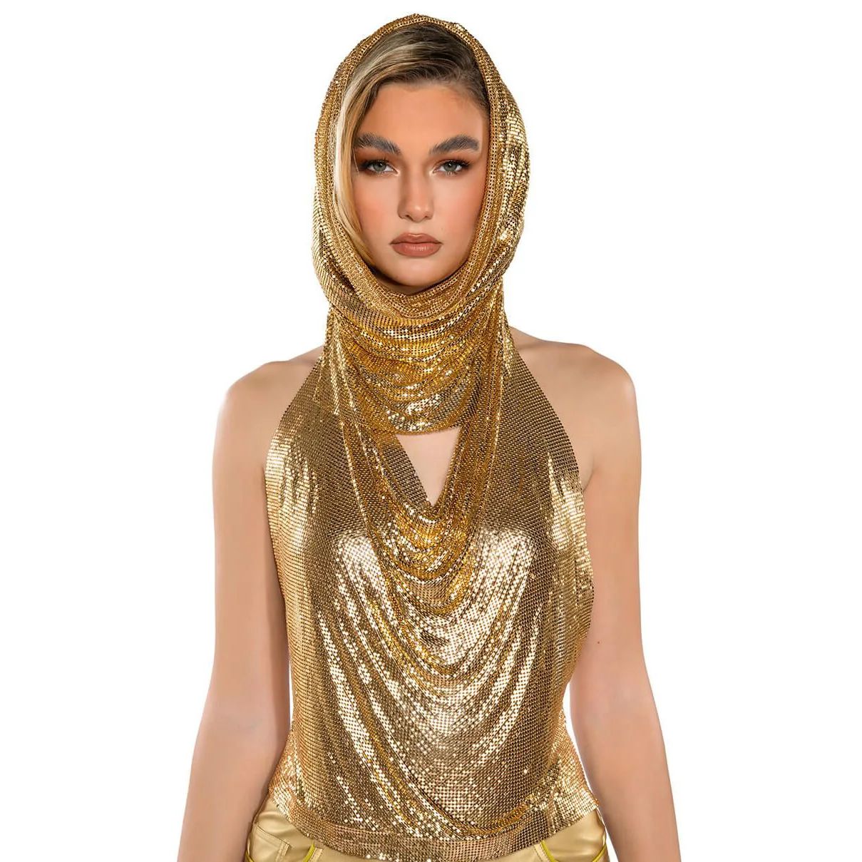 

Zoctuo Gold Sequin Tops Y2k Women Night Club Shinny Sexy Backless Slim Camis Top With Scarf Fashion Club Clothes Wear Party