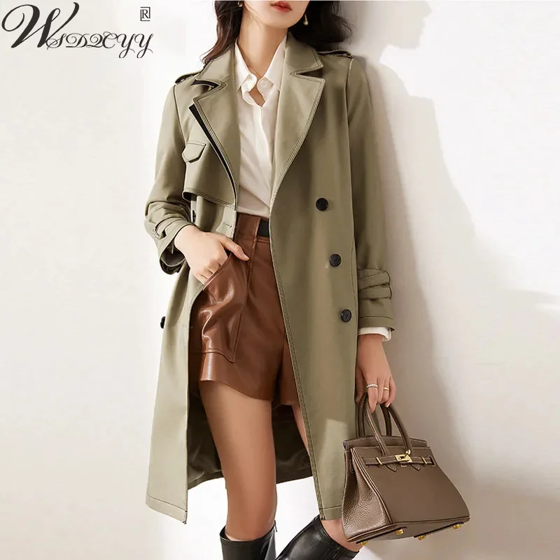 High Quality Belt Trench Coat Women's Korean Style Mid Length Double Breasted Windbreaker Elegant Suit Collar Solid Trench Coat