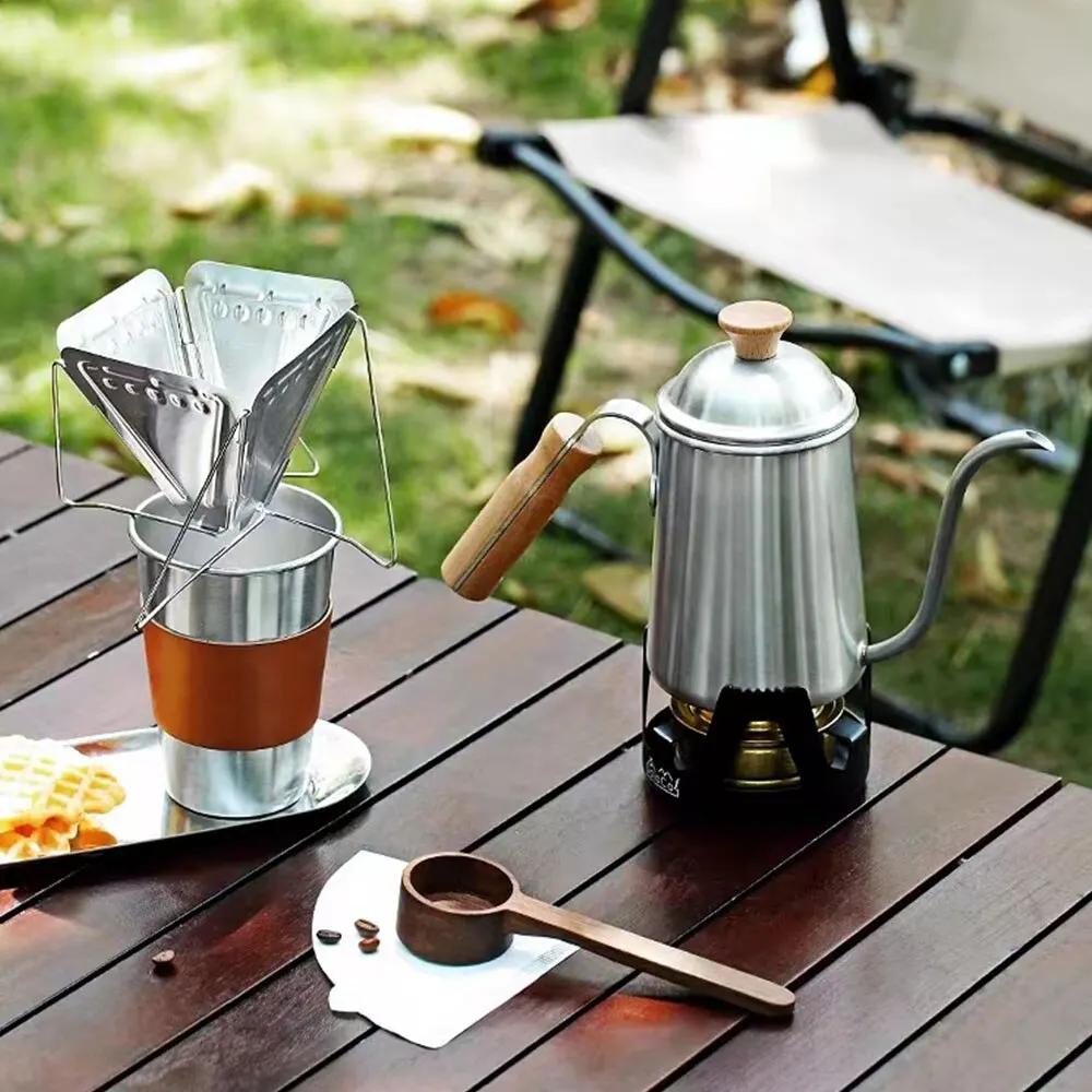 Description Picture 5 of itemOutdoor Coffee Pot Stainless Tea Kettle Camping Tableware Wooden Handle 650ml Coffee Kettle Tea Pot Filter Cup Bean Grinder