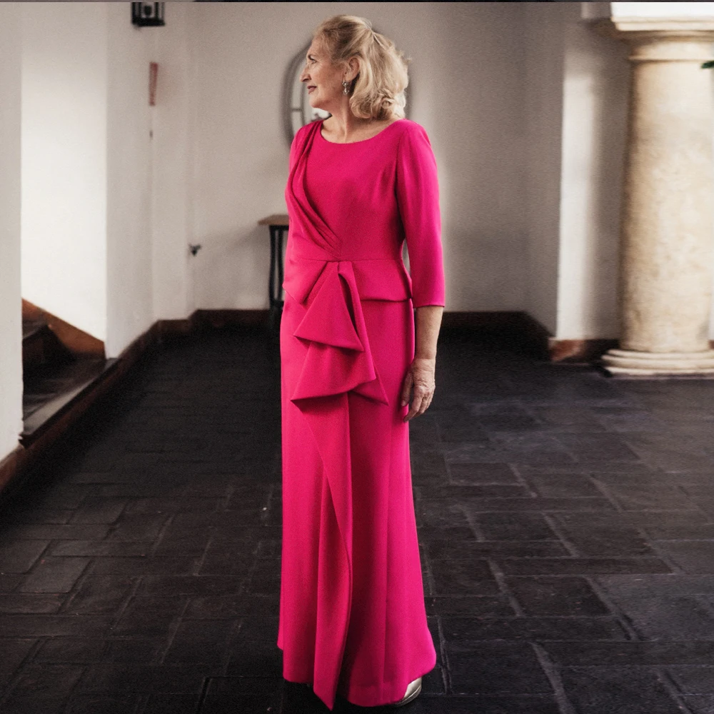 

Simple Mermaid Mother of the Bride Dresses For Weddings O Neck 3/4 Sleeves Wedding Party Gowns Ruched Floor Lengthفساتين السهرة