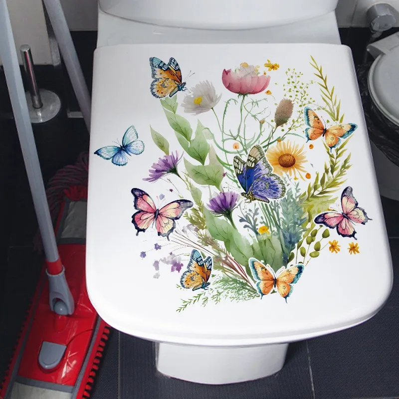 Toilet Stickers Green Plant Leaves Flowers World Butterflies Toilet Stickers Toilet Lid Sticker Bathroom Wall Sticker Cover Decor DIY
