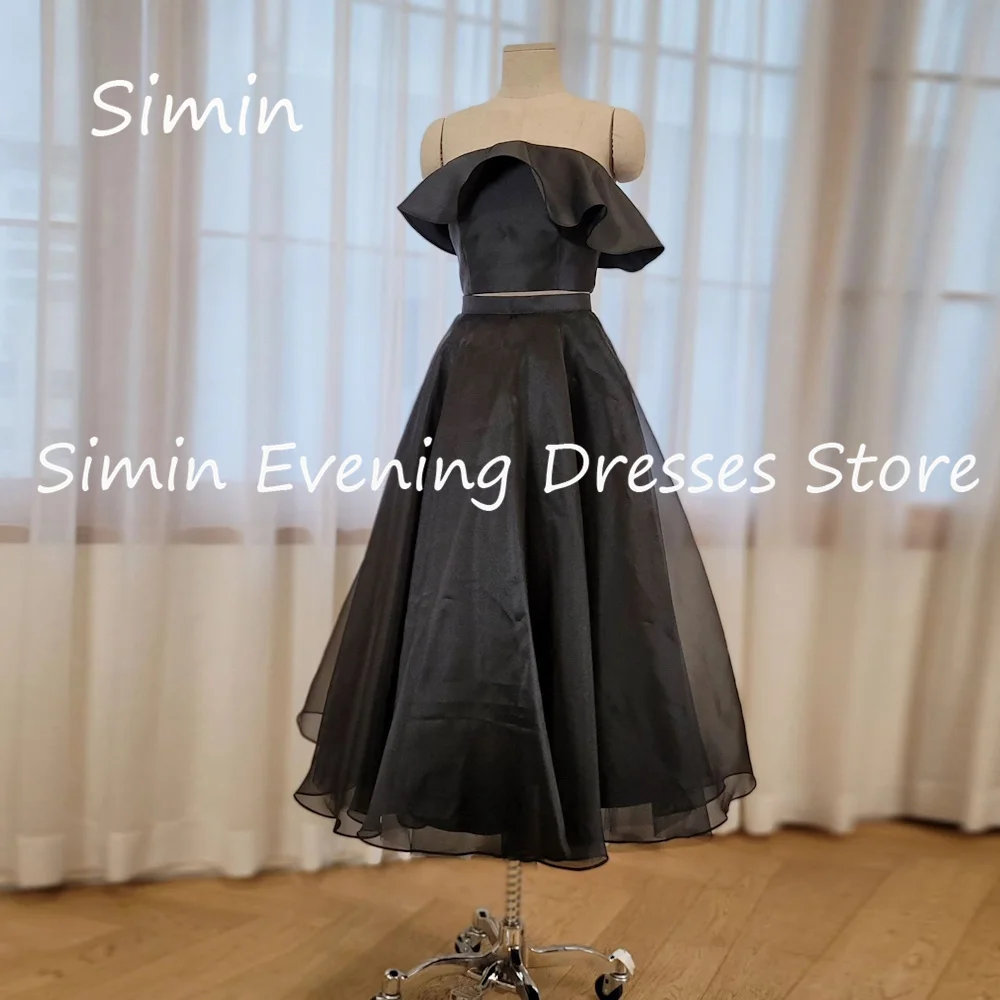 

Simin Satin A-line Off-the-shoulder Ruffle Lace Formal Prom Gown Korea Tea-length Evening Elegant Party dresses for women 2023