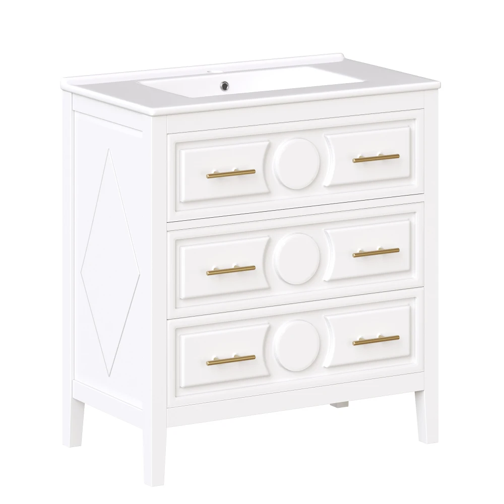 Freistehender weißer Badezimmerschrank mit Keramikwaschbecken & Metallgriffen, 3 Schubladen Retro-Waschtischunterschrank mit Soft-Close-Funktion – Detail 21