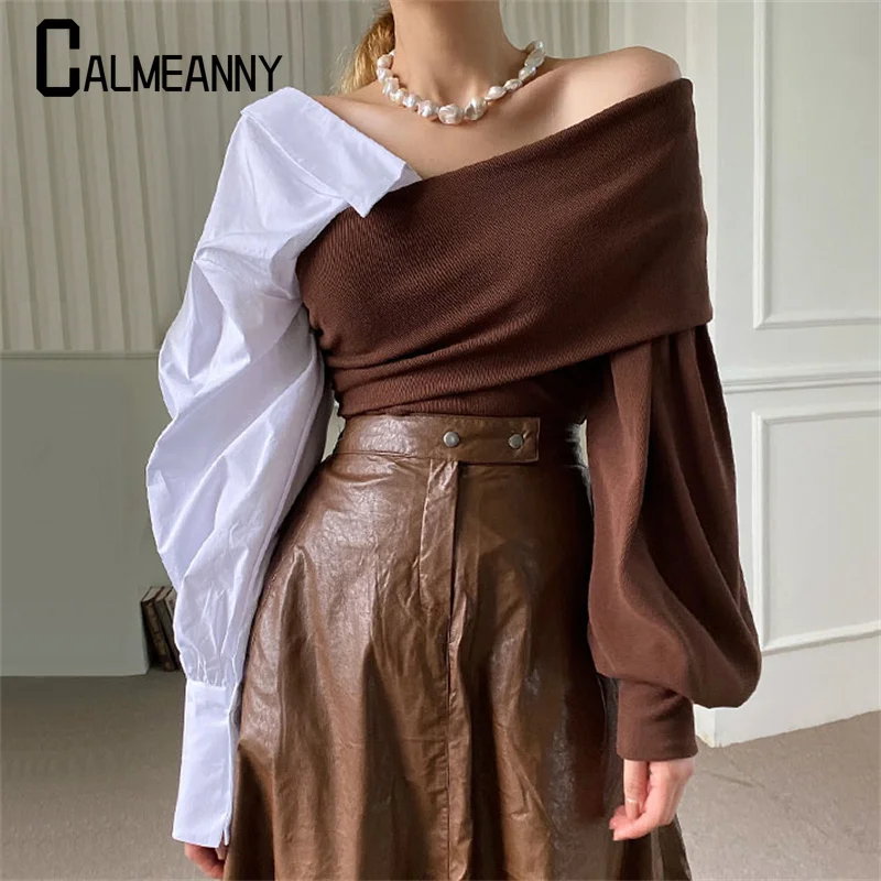 

V-neck Long Sleeve Contrasting Color 2023 Spring Fashion New Korean Edition Loose Top Korean Chic Ladies Off-the-shoulder Top