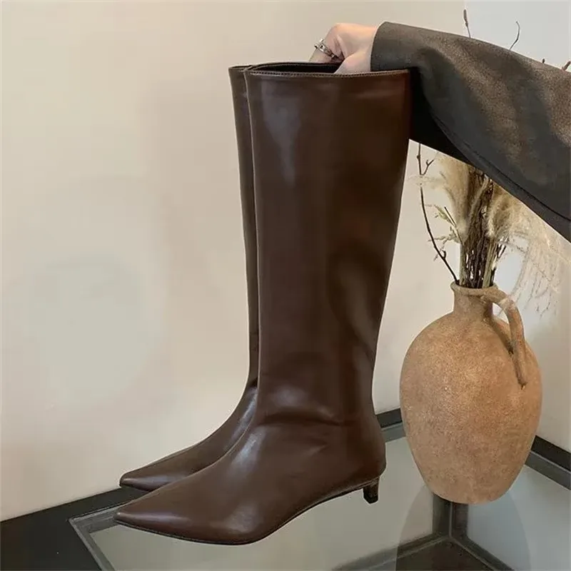 Eilyken Autumn Winter Cozy Pointed Toe Knee-High Boots with Low Thin Heels