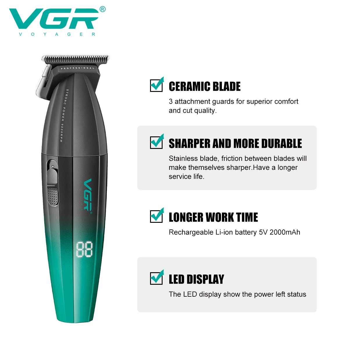 VGR Hair Clipper Cordless Hair Trimmer Professional Hair Cutting Machine Electric Clipper 9000 RPM Metal Clipper for Men V-906 3