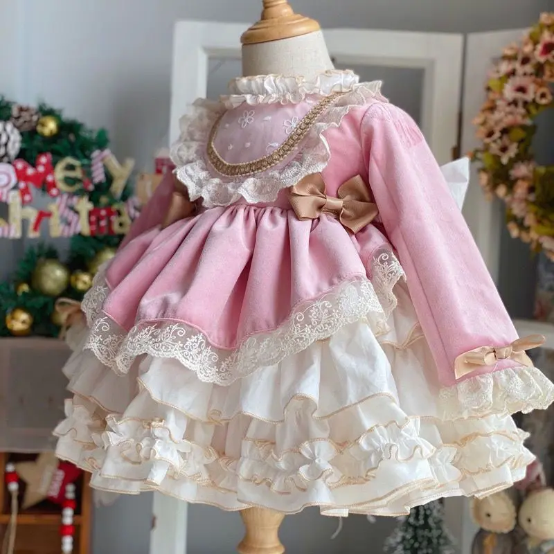Winter Thicker Lolita Dress Girls Kids Infants New Year Dress Long Sleeve Red Cute Lolita Doll Teen For Girls 14T