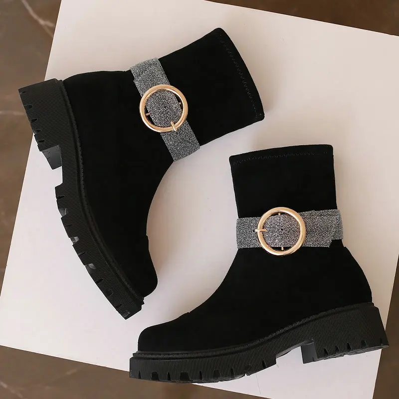 

Flock Soft Flannel Vamp Silver Glitter Buckle Belt Designer Winter Autumn Warm Ankle Flats Shoes For Women Stretch Chelsea Boots