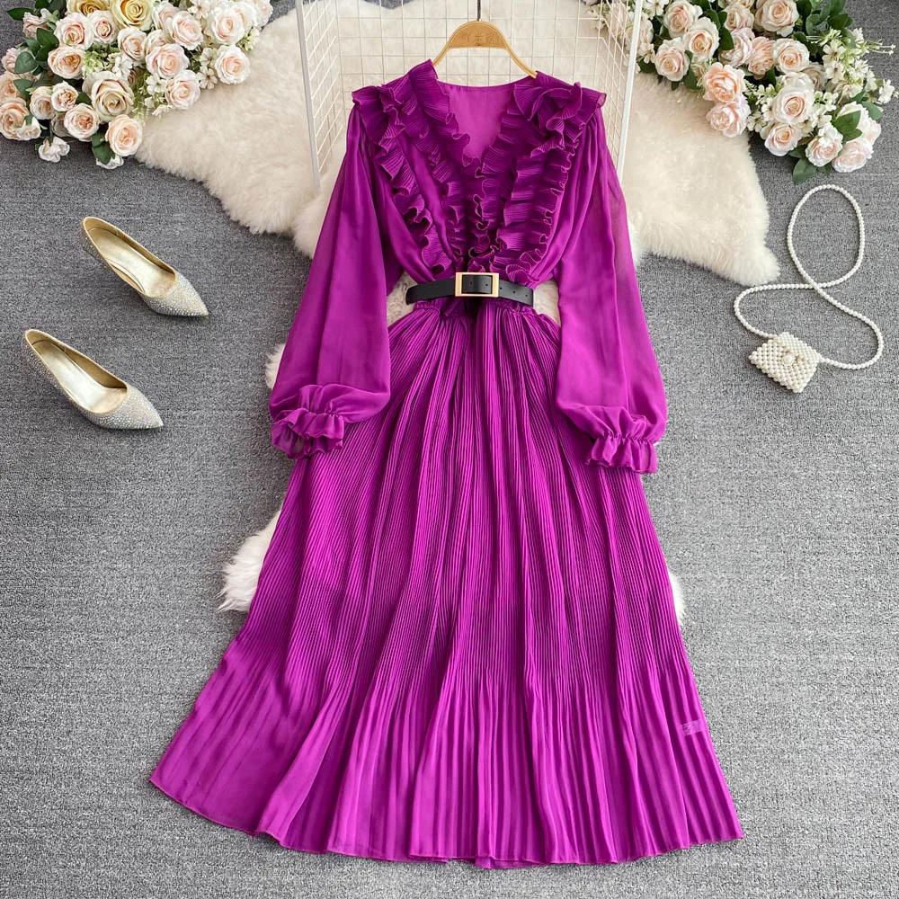 

Women's Spring Autumn Lantern Sleeve Ruffles Pelated Long Dress Lady Casual Streetwear V Neck Long Sleeve Solid Color Dress