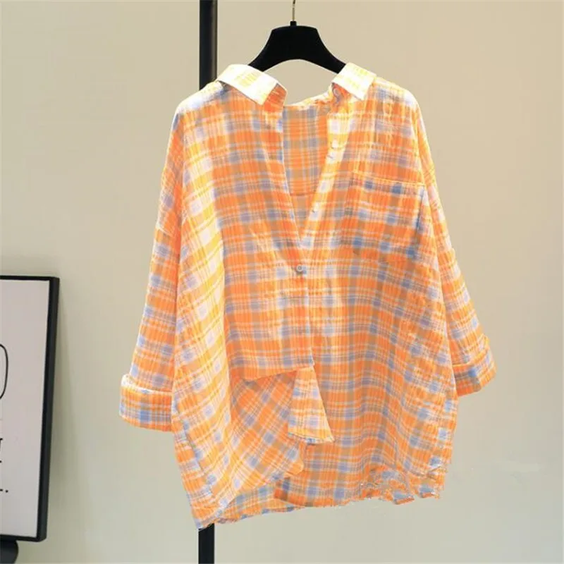 Single pocket cotton linen plaid shirt for women's summer new sunscreen shirt Korean version loose casual top orange