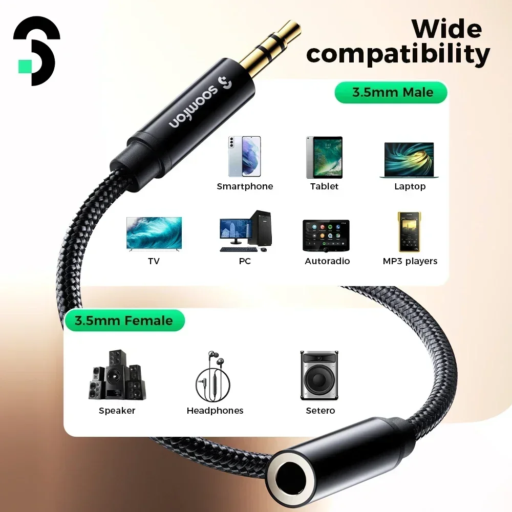 SOOMFON 오디오 익스텐션 케이블 수-암 3.5mm 잭 Aux 케이블, 헤드폰 스피커 연장 코드, 3.5mm