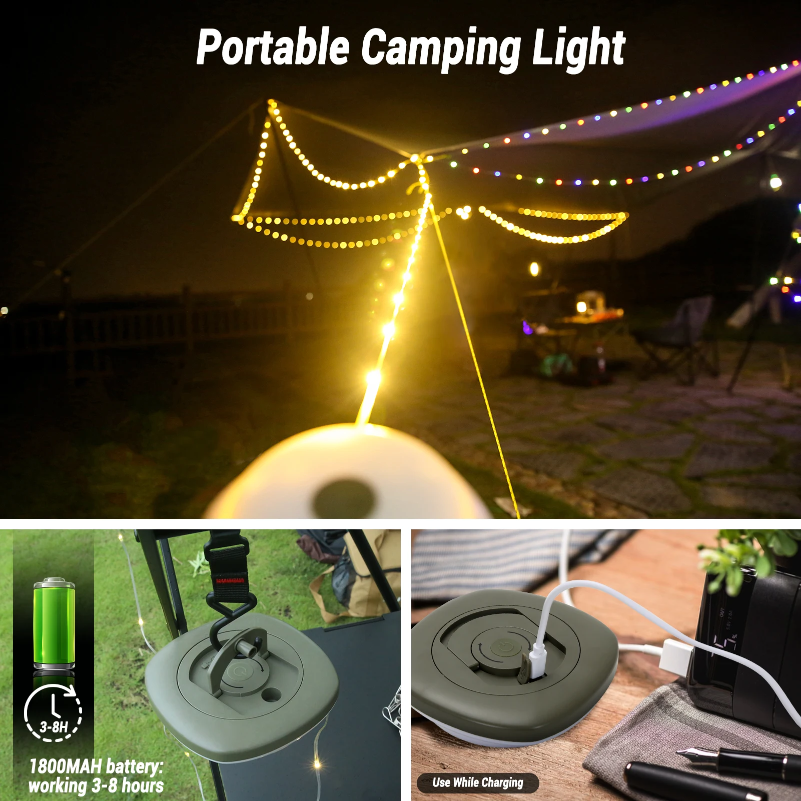 Camping String Lights, 2 in 1 USB Rechargeable Outdoor String Lights(32.8Ft)