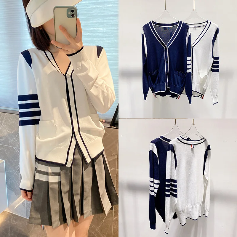 

High Quality Korean 2023 Spring and Autumn V-neck Knitted Sweater Coat Women's TB Cardigan Sweater Loose Top with White Overlay