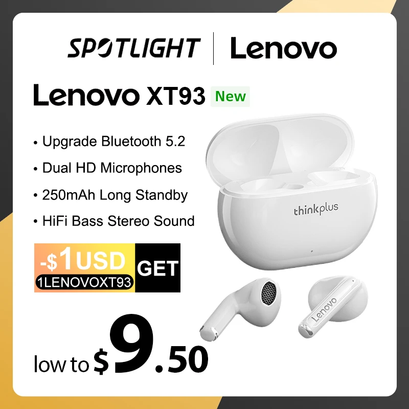  New Lenovo XT93 Earphone Bluetooth 5.2 Headphone HiFi Bass Stereo Sports Earbuds Dual HD Microphone Headset 250mAh Long Standby 