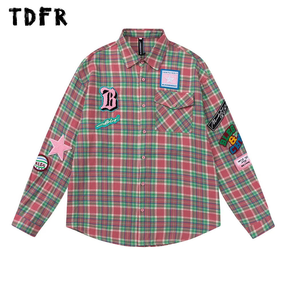 Patch Embroidery Plaid Shirt Mens Retro Casual Loose Pocket Lapel Single Breasted Long Sleeve Shirts Men