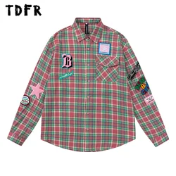 Patch Embroidery Plaid Shirt Mens Retro Casual Loose Pocket Lapel Single Breasted Long Sleeve Shirts Men