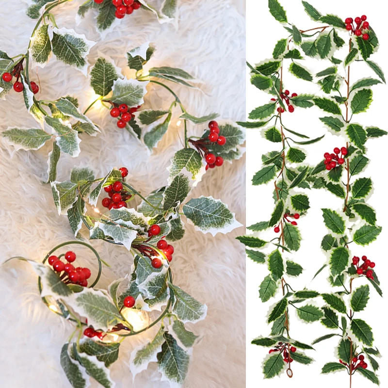 LED Christmas Flowers Wreath String Lights Artificial Fake Leaves Red Berry Garland Rattan Lighting Strings For Home Party Decor