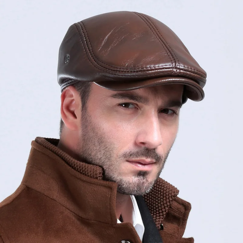 Beret Hat Men's outdoor leather hat winter Berets male warm Ear protection cap genuine leather dad hat Leisure bone