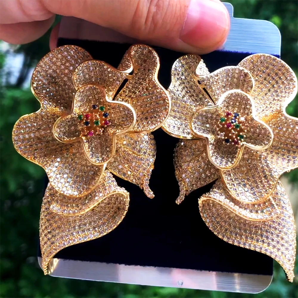 Soramoore Big Flower Blossom Cubic Zirconia Drop Earrings for Women Fashion Engagement Party Jewelry pendientes mujer moda