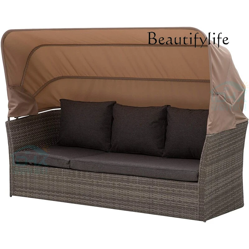 

Outdoor Sofa Sunshade Rattan Table and Chair Balcony Leisure Imitation Rattan Hotel Three-Person Outdoor Lying Bed