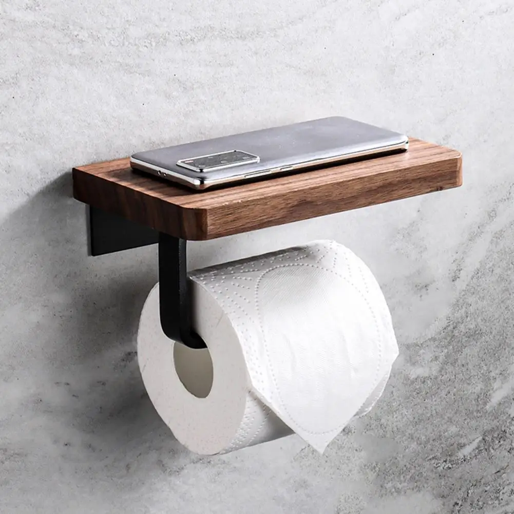 Wooden Toilet Paper Holder With Phone Shelf Solid Wood Wall Mount