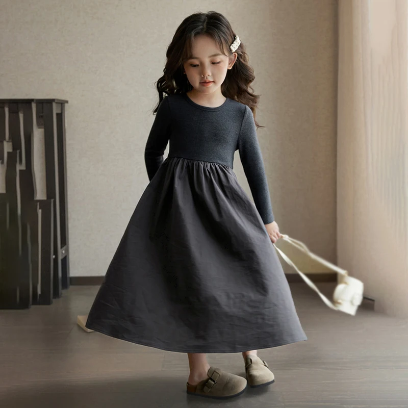 

Girls Foreign Style Knitted Dress Autumn Patchwork Design Lazy Style Children'S Fashion Classic Long-Sleeved Dress Birthday Gift