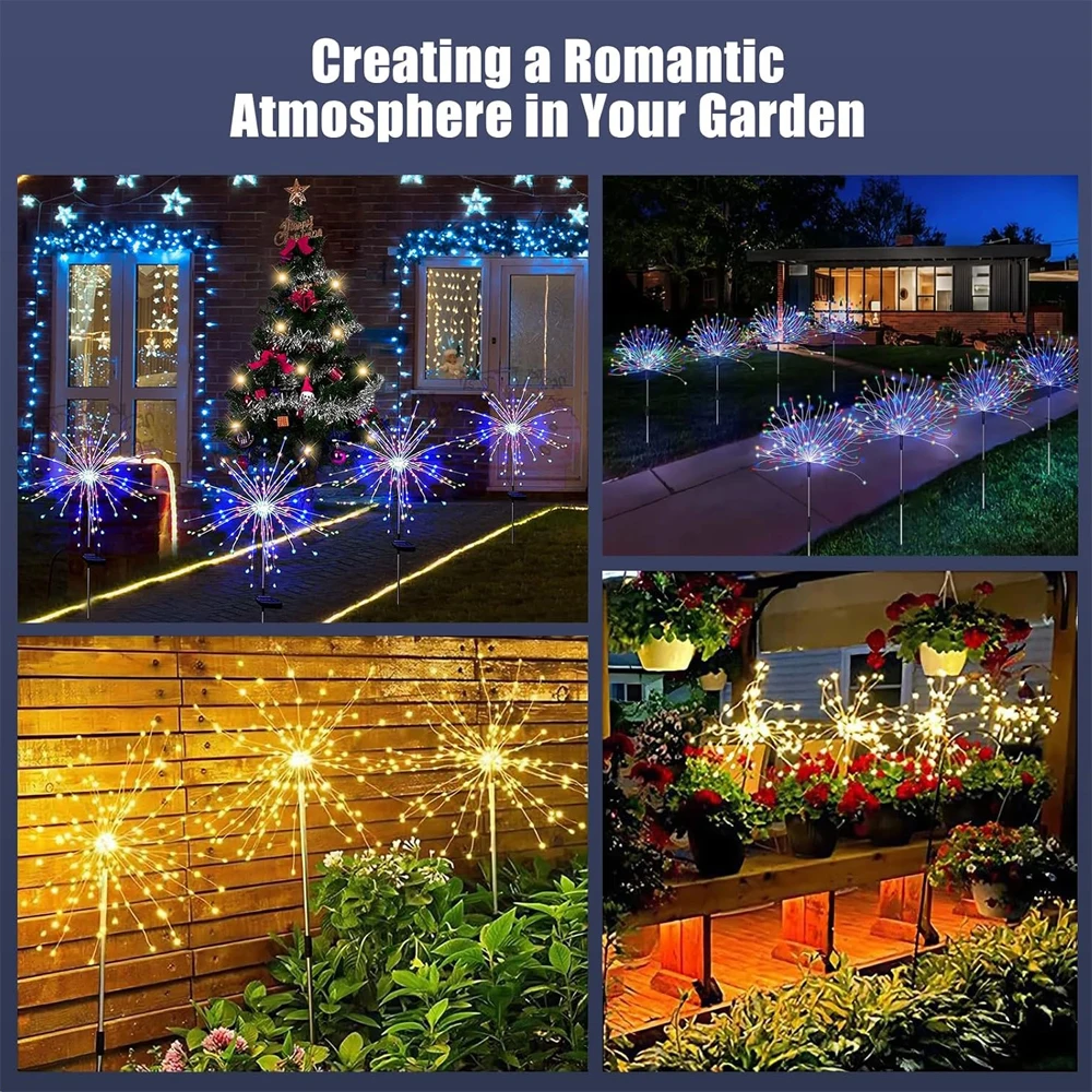 2 Pcs Solar Garden Firework Lights Outdoor, Waterproof Solar Powered LED Light Outside for Yard, Patio, Pathway and Party Decor