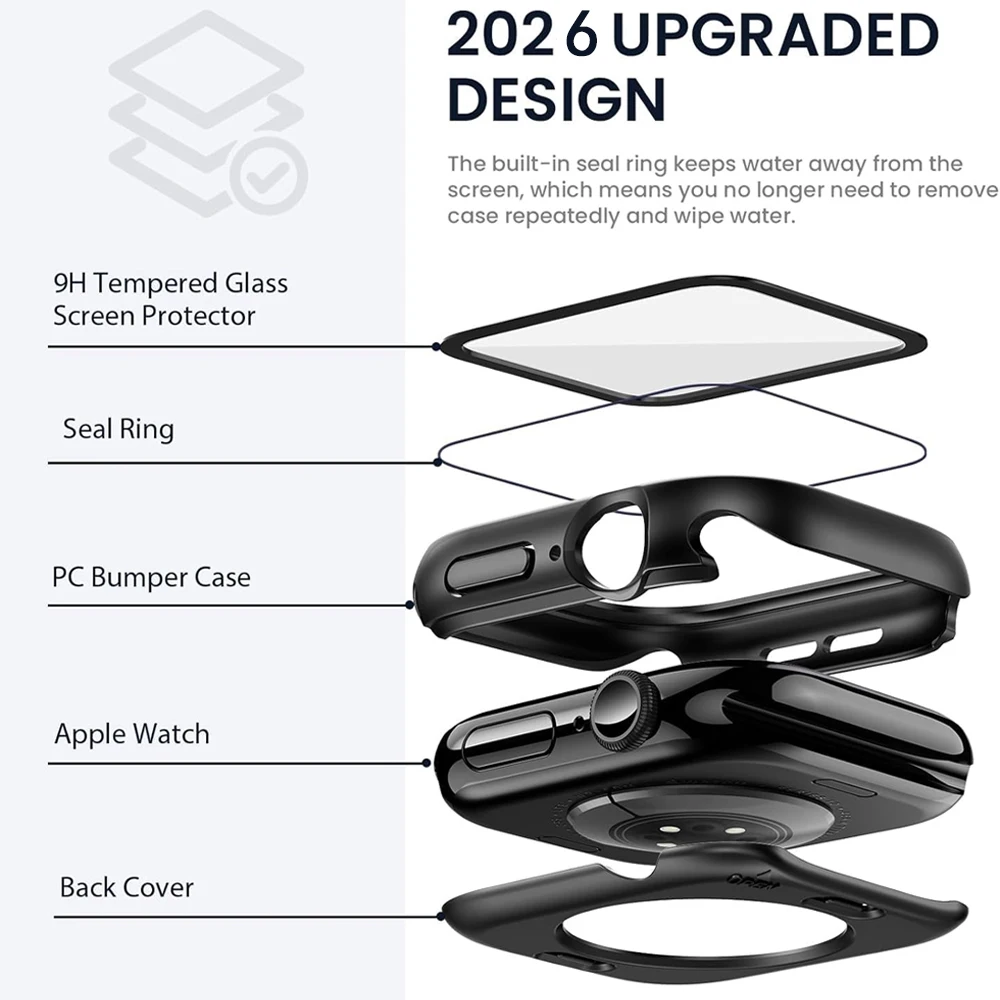All-in-One Waterproof Apple Watch Protective Case with Tempered Glass Screen Shield