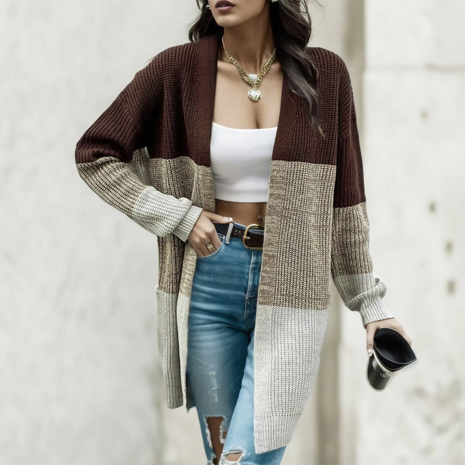 

Womens Patchwork Color Sweaters Cardigan Fashion Warm Printing Long Sleeve Winter Cardigan Outwear Sweater Coat Retro Outwear
