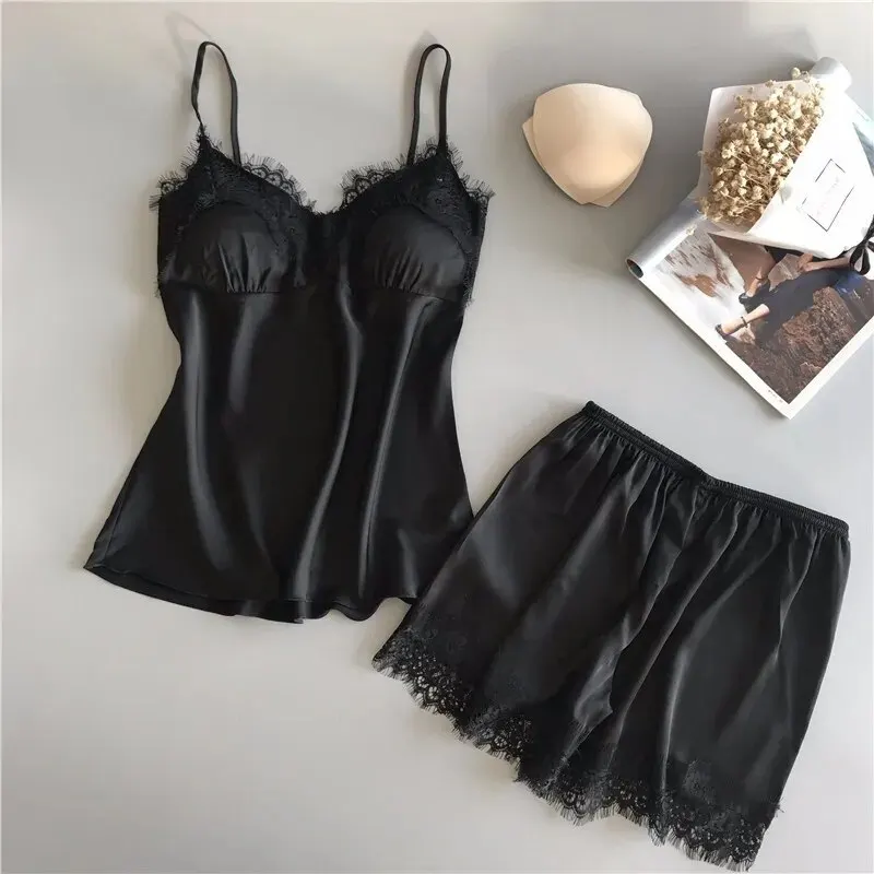 Halter Pajama Women Summer Sexy Ice Silk Two-Piece Set With Breast Cushion Shorts Plus Size Thin Home Wear
