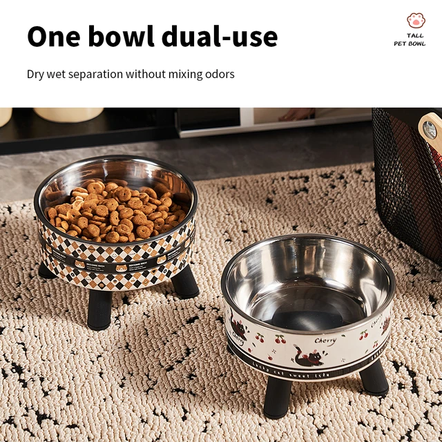 A fashion printed stainless steel pet bowl for feeding and water, high-legged cat bowl with neck protection, cartoon feeding dog 5