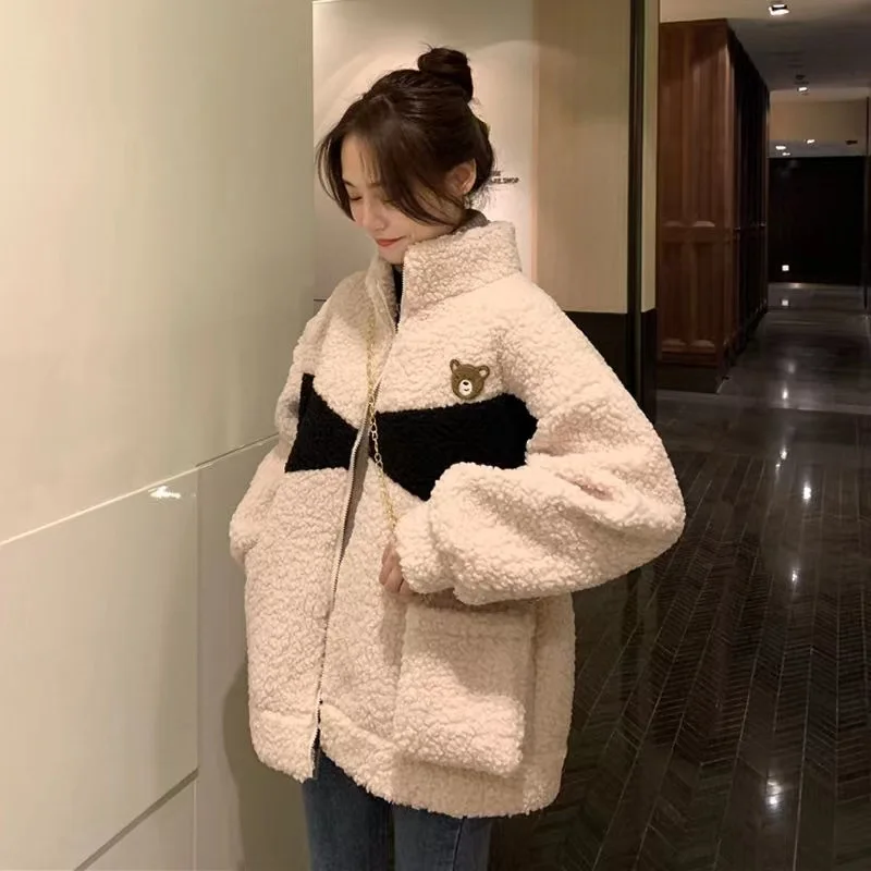 Autunno Inverno Nuova Imitazione Lana Di Agnello Più Velluto Cappotto In Cotone Addensato Cappotto Femminile Allentato Collo Alto Cappotto Di Cotone C