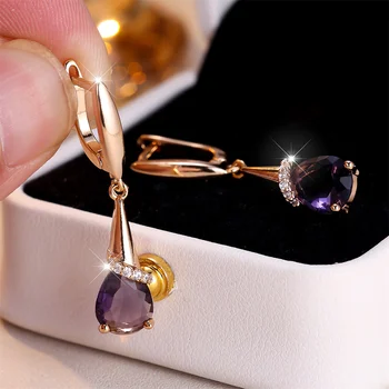 Purple Crystal Water Drop Stone Pendant Hoop Earrings For Women Vintage Gold Color Ear Buckle Wedding Jewelry Engagement Gift